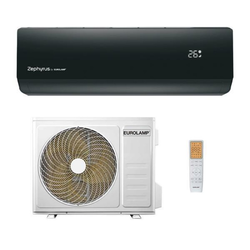 Eurolamp 300-28031 Zephyrus 3D AIR Κλιματιστικό Inverter R32 XA82 ΓΥΑΛΙΝΟ PANEL  4σε1 φιλτρα, IFEEL, GOLDEN FINS A+++/A++ και WiFi 12000 BTU Μαυρο